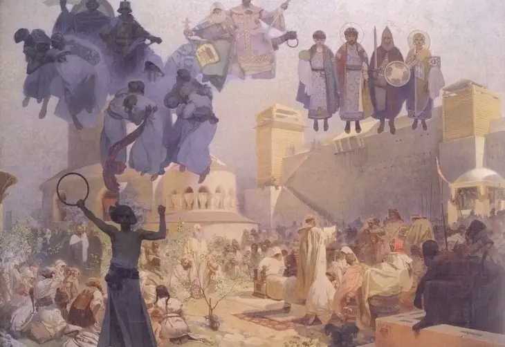 Alphonse Mucha’nın 1912 tarihli “Introduction of the Slavonic Liturgy in Great Moravia” adlı tablosu, Slav halklarının tarihine görsel bir anlatım.