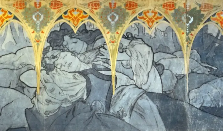 Alphonse Mucha’nın The Slav Epic serisinden dramatik sahne detayları, duvar resmi kompozisyonu ve Art Nouveau süslemeleriyle.