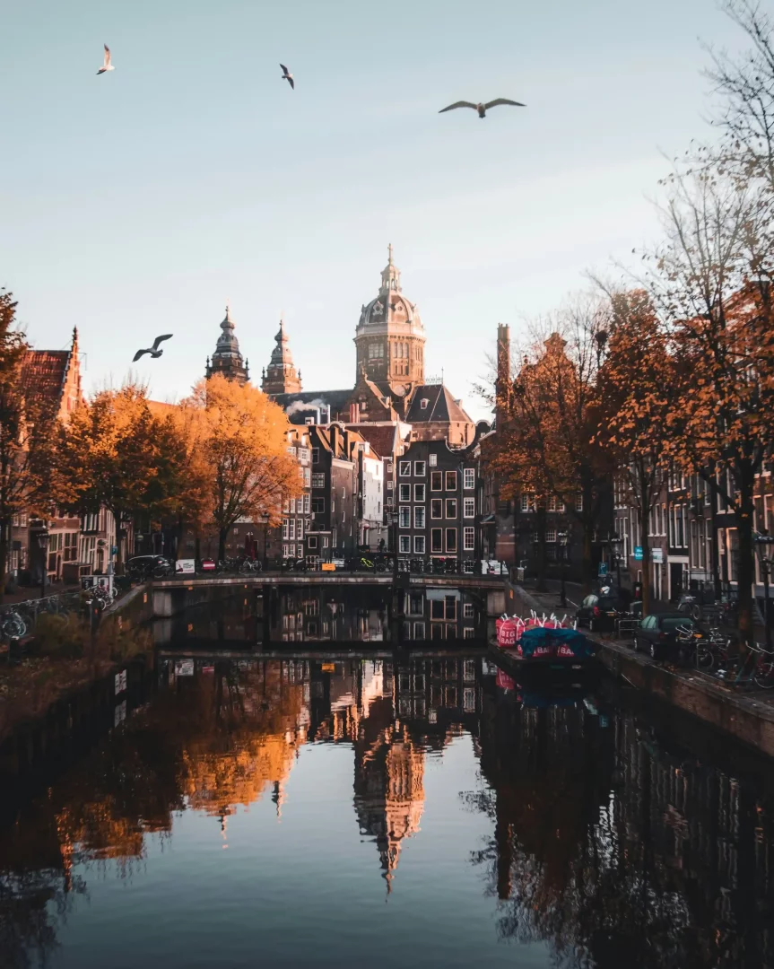 Amsterdam'ın sonbahar renkleriyle bezenmiş bir kanal manzarası; turuncu yapraklı ağaçların ve Aziz Nikola Bazilikası'nın kubbesinin suya yansıdığı, gökyüzünde martıların özgürce süzüldüğü büyüleyici bir şehir görüntüsü.