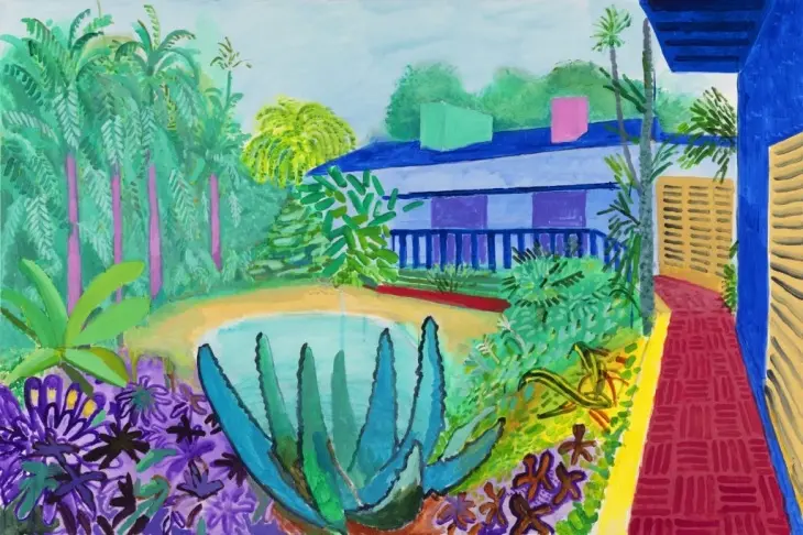 David Hockney’nin tropikal bitkilerle çevrili bir havuzu resmettiği renkli tablo: Bahçe.