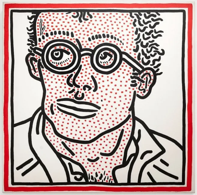 Kalın siyah çizgilerle çizilmiş, yüzü ve boynu kırmızı noktacıklarla kaplı, yuvarlak gözlüklü, kıvırcık saçlı bir figürü betimleyen, pop art tarzında yapılmış ve kırmızı çerçeveyle çevrelenmiş bu dikkat çekici otoportre, ünlü bir ressamın kendine özgü ifadesini yansıtır.