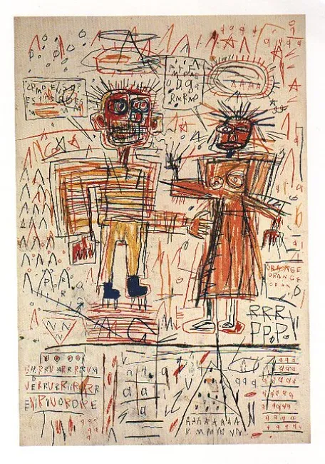 Dünayaca ünlü ressam Jean-Michel Basquiat'ın özgün, graffiti esintili tarzını yansıtan bu enerji dolu otoportrede, kırmızı yüzlü, dikenli saçlı iki figür ve etraflarını saran karmaşık çizgiler, semboller ve yazılar, sanatçının iç dünyasını derinlemesine keşfeden bir anlatım sunuyor.