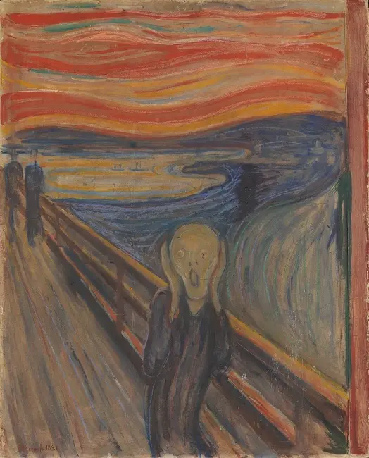 Edvard Munch’un The Scream (Çığlık) tablosu, insanın varoluşsal kaygısını ve içsel çığlığını güçlü renkler ve kıvrımlı çizgilerle ifade eden ikonik bir ekspresyonist eser.