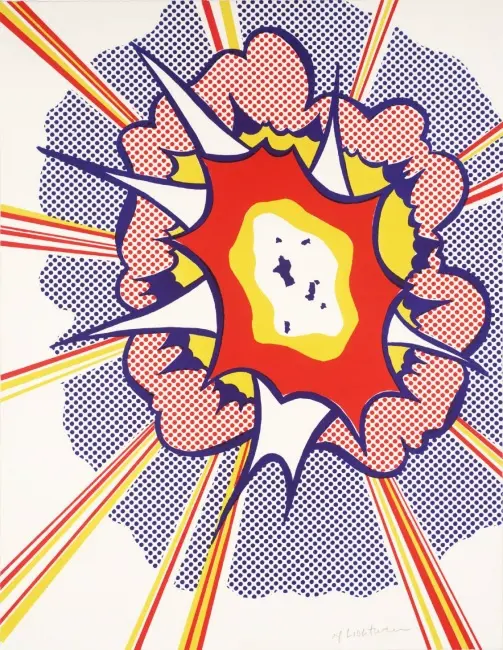 Roy Lichtenstein’ın Explosion adlı eseri, Pop Art akımının çizgi roman estetiğini yansıtan, renkli ve dinamik bir patlama sahnesi.