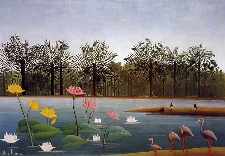 Henri Rousseau’nun nilüferler ve flamingolarla dolu egzotik manzara tablosu; doğayı masalsı şekilde betimleyen Naif Sanat eseri.