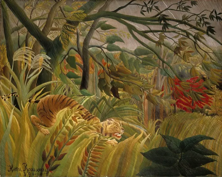 Henri Rousseau’nun “Ormanda Kaplan” tablosu; dramatik doğa sahnesi ve güçlü sembolizmle dikkat çeker.