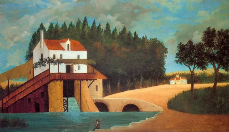 Henri Rousseau’nun kırsal manzarayı betimlediği değirmen tablosu; pastoral atmosfer ve sade Naif Sanat dili.