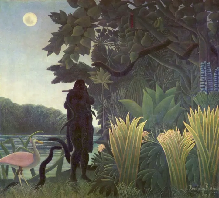 Henri Rousseau’nun “Yılan Büyücüsü” tablosu; gizemli figür ve egzotik bitkilerle Naif Sanat’ın özgün örneği.
