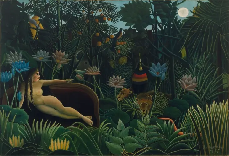 Henri Rousseau’nun 1910 tarihli “The Dream” (Rüya) tablosu; tropikal ormanda uzanan kadın figürü, egzotik çiçekler ve hayvanlarla başyapıtı.