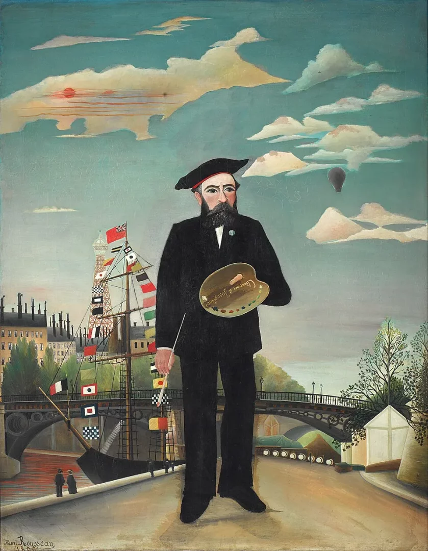 Henri Rousseau'nun kendine özgü otoportresinde, koyu renk takım elbiseli ve sakallı sanatçı elinde palet ve fırçayla bir nehir kenarında belirgin bir şekilde dururken, arka planda bayraklarla dolu bir gemi, Parisvari binalar, bir kemerli köprü, yeşil ağaçlar ve bir sıcak hava balonu ile bulutlu gökyüzü dikkat çekiyor.