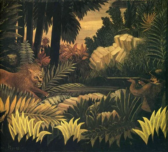 Henri Rousseau'nun Aslan Avcısı adlı eserinde, sık ormanlık bir alanda şaşkın ve korkmuş bakışlarla ilerleyen bir aslan, su kenarında tüfeğini doğrultmuş bir avcıyla karşı karşıya gelirken, arka planda gizemli yaratıklar ve yoğun bitki örtüsü göze çarpmaktadır.
