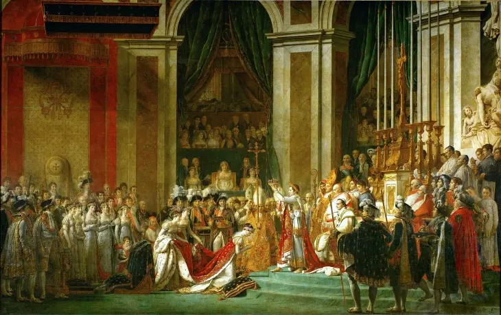 Jacques-Louis David'in ikonik tablosu, Napolyon Bonapart'ın hayatının en önemli anlarından biri olan imparatorluk taç giyme törenini resmediyor; Napolyon, Notre Dame Katedrali'nde diz çöken Jozefin'e tacını giydirirken Papa VII. Pius ve kalabalık bir topluluk bu tarihi olaya şahitlik ediyor.