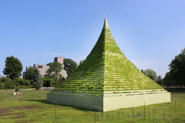 Agnes Denes’in “Living Pyramid” arazi sanatı eseri, Documenta 14’te Kassel’de inşa edilen katmanlı toprak heykel çalışması