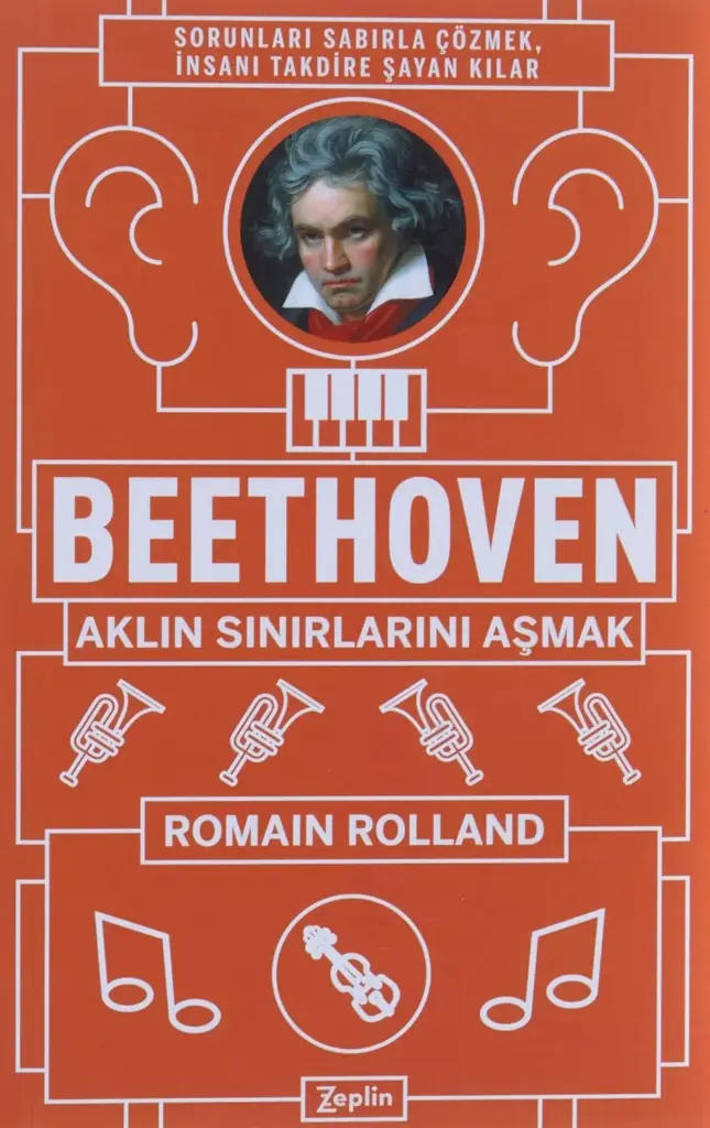 Turuncu renkli bir kitap kapağı, merkezinde Beethoven'ın klasik portresini barındırıyor; portrenin etrafında kulaklar, piyano tuşları, trompetler, müzik notaları ve bir keman gibi müzikle ilgili beyaz çizgisel illüstrasyonlar stilize edilmiş biçimde yer alıyor. Kapağın üst kısmında Sorunları sabırla çözmek, insanı takdire şayan kılar, ana başlıkta ise büyük harflerle BEETHOVEN AKLIN SINIRLARINI AŞMAK ve ROMAIN ROLLAND yazarken, en altta Zeplin logosu görülüyor.