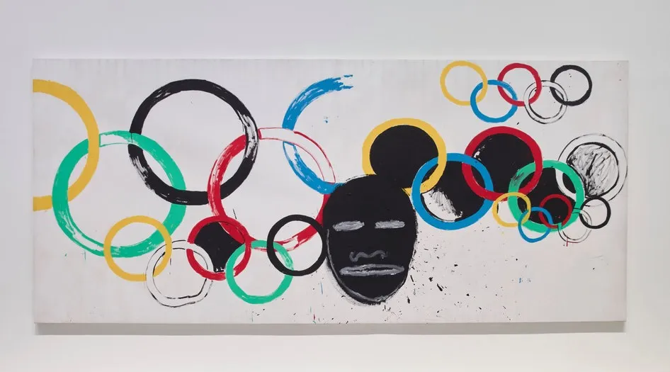 Jean-Michel Basquiat & Andy Warhol, Olympics (1984) – Olimpiyat halkaları ve politik-eleştirel figürlerle ortak çalışma.