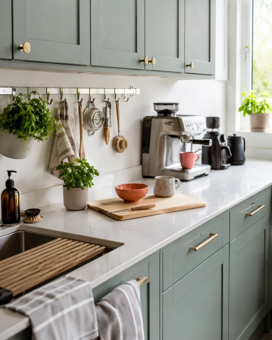 Adacayı yeşili mutfak dolapları ve parlak beyaz tezgahın üzerinde, modern bir espresso makinesi, lavabonun üzerindeki ahşap kurutma rafı, düzenli asılı mutfak aletleri ve saksı bitkileriyle fonksiyonel ve şık bir mutfak tezgah düzeni sergileniyor.
