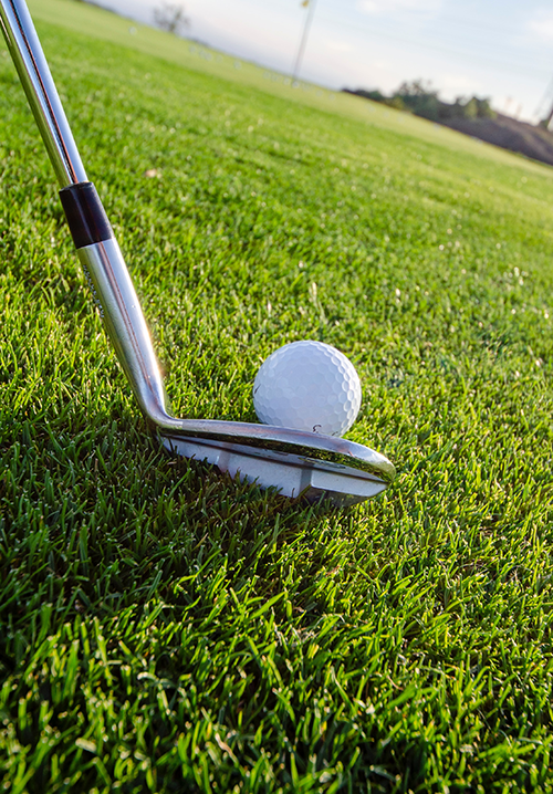 Bir golf kulübü başlığı, parlak yeşil bir golf sahasının çimlerinde duran beyaz golf topunun hemen arkasında, vuruş pozisyonunda görünüyor; uzakta hafifçe eğimli çim alan ve bir bayrak direği seçilebiliyor.