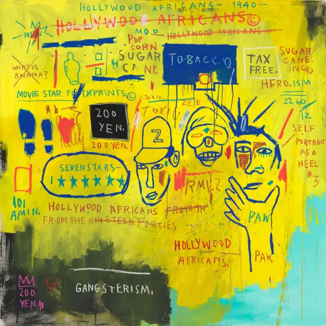 Jean-Michel Basquiat, Hollywood Africans (1983) – Hollywood’daki ırkçı klişeleri eleştiren politik eser.