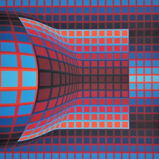Bu soyut Op Art eserinde, mavi, kırmızı ve siyah tonlarında karelerden oluşan bir ızgara deseni, solda içe doğru kıvrılan bir tünel ya da huniyi andıran üç boyutlu bir optik illüzyon yaratırken sağa doğru düzleşerek devam ediyor.