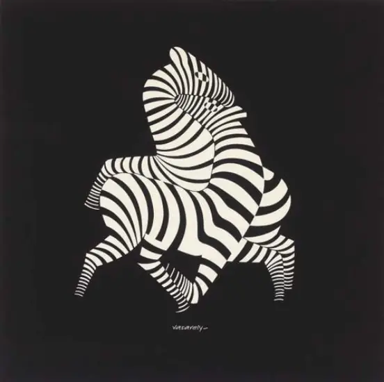 Siyah bir arka plan üzerinde, Op Art sanat akımının karakteristik özelliklerini yansıtan, optik bir illüzyon yaratan, siyah beyaz çizgili iki zebra figürünün zarifçe iç içe geçtiği ve birbirine karıştığı bu görsel, derinlik ve hareket hissiyle izleyiciyi büyülüyor.