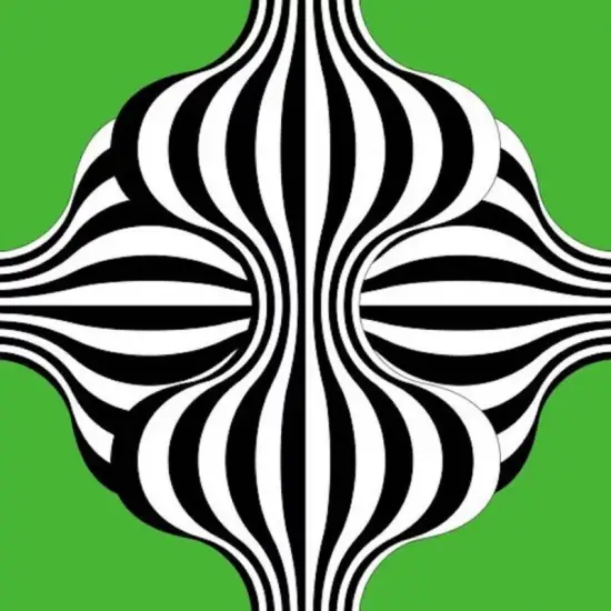 Bu göz yanıltıcı op art sanat akımı örneğinde, parlak yeşil bir zemin üzerinde, siyah ve beyaz dikey çizgilerin dalgalanarak üç boyutlu bir etki ve merkezde kum saati benzeri şişkin bir form oluşturduğu, optik bir illüzyon yaratan dinamik ve soyut bir görüntü.