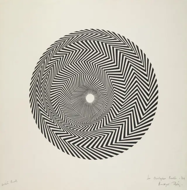 Op Art sanat akımının karakteristik özelliklerini taşıyan, siyah ve beyaz zikzak çizgilerin bir araya gelerek dairesel bir şekilde merkeze doğru derinleşen ve optik bir illüzyonla hareket hissi veren bir eser.