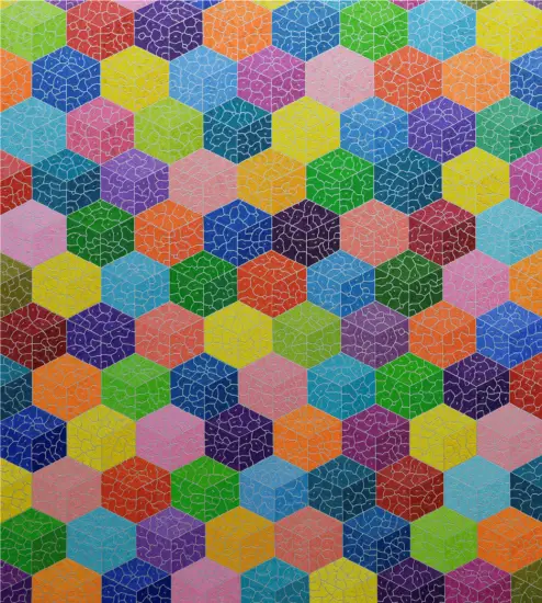 Op Art sanat akımının karakteristik özelliklerini yansıtan, birçok farklı renkte üç boyutlu küp şeklinde altıgenin yan yana gelerek derinlik ve hareket yanılsaması yarattığı canlı ve dinamik bir desen.