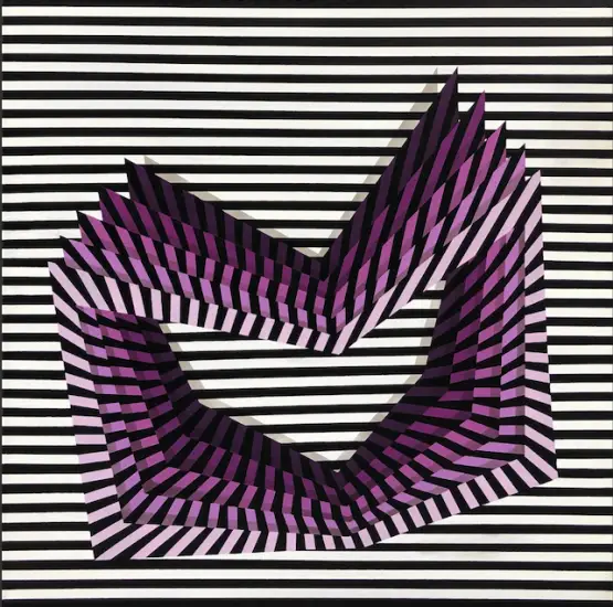 Siyah beyaz yatay şeritli bir zeminde, morun farklı tonlarında dikey şeritlerle oluşturulmuş, iç içe geçen ve derinlik hissi veren üç boyutlu soyut bir formun yer aldığı, Op Art sanat akımının belirgin optik illüzyonlarını yansıtan bir eser.