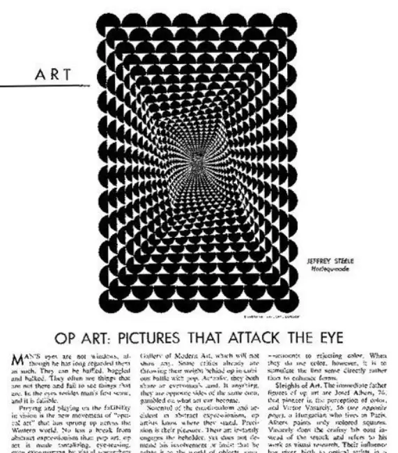 Bu op art eserinde, siyah beyaz yarım dairelerin eş merkezli kareler halinde içe doğru sarmal bir düzenle tekrarlanması, derinlik ve hareket hissi veren güçlü bir optik yanılsama yaratıyor.