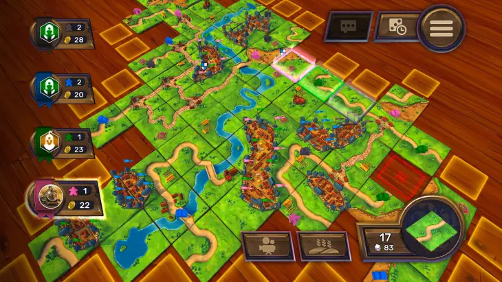 Carcassonne dijital strateji oyunu, karo parçalarıyla şehir, yol ve manastır kurulan mobil kutu oyunu ekran görüntüsü
