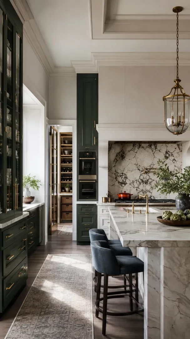 Koyu yeşil dolapların, şık pirinç kulpların ve zarif pirinç sarkıt lambanın lüks bir atmosfer yarattığı geniş mutfakta, mermer ada tezgahı ve desenli mermer backsplash, modern ve sofistike bir mutfak dekorasyonu örneği sunuyor.