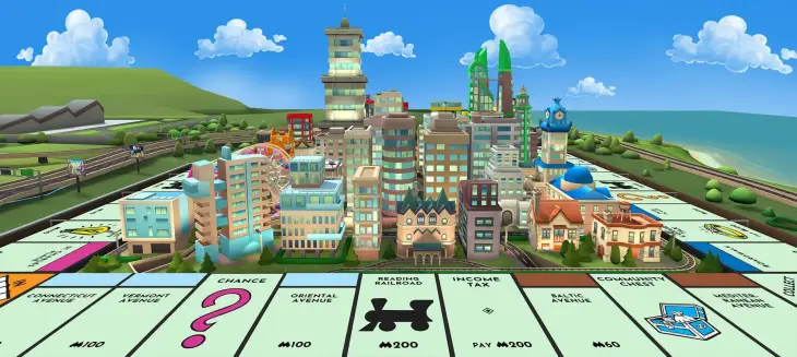 Monopoly dijital versiyonu, 3D animasyonlu emlak tahtası ve şehir manzarasıyla mobil ve online oynanabilen kutu oyunu