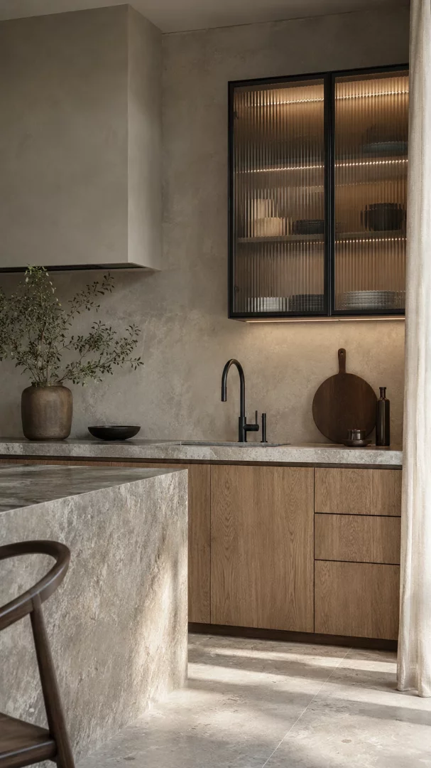 Gri dokulu duvarlar, minimalist taş tezgahlar ve ada ile doğal ahşap alt dolapların birleştiği bu modern mutfak, içten aydınlatmalı nervürlü cam dolaplar ve sade siyah armatürlerle mutfağınız için huzurlu, ilham veren ve işlevsel bir dekorasyon önerisi sunuyor.