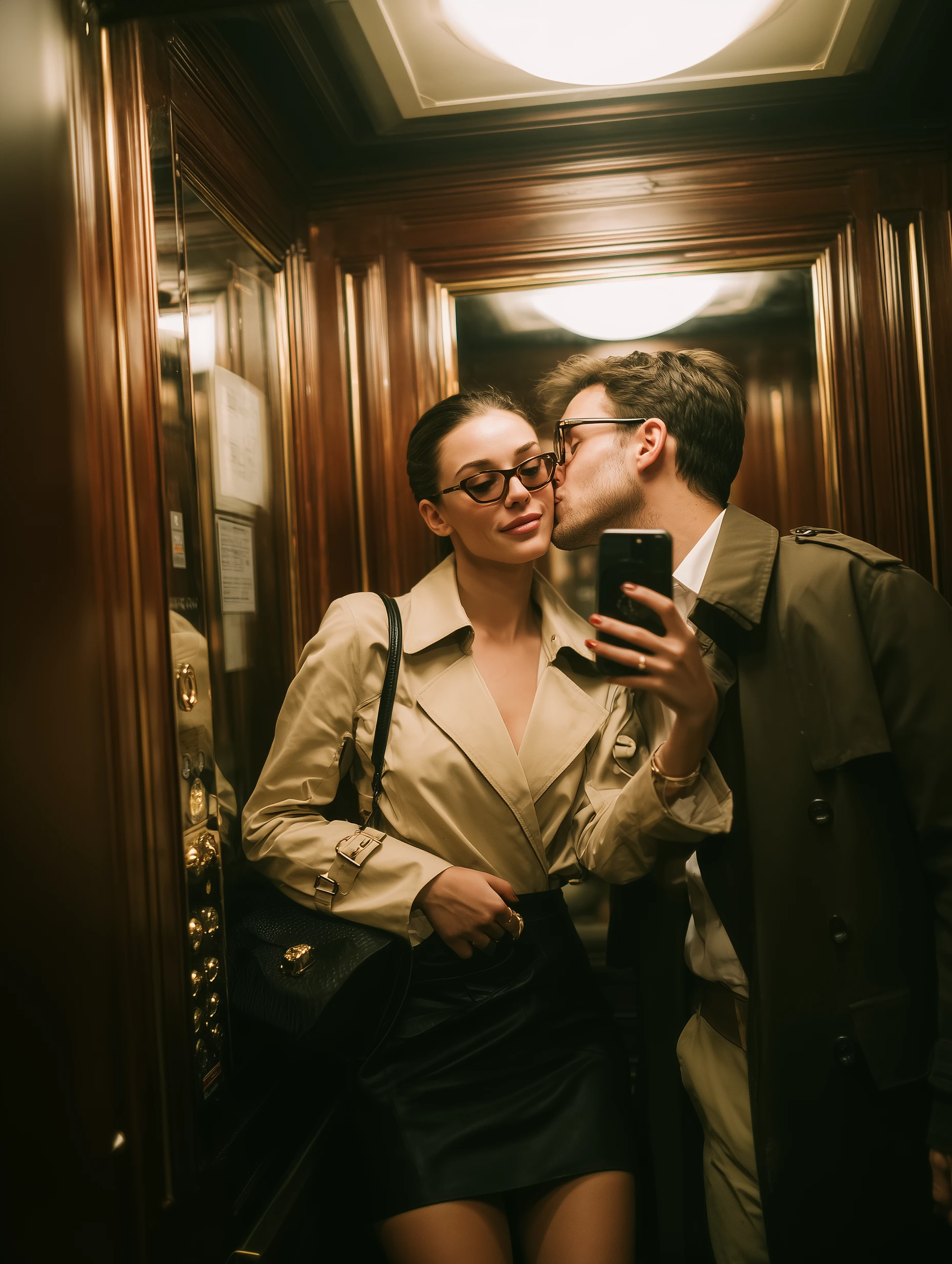 Sevgililer Günü stil önerileri: Asansörde ayna selfiesi çeken çift, bej trench coat ve klasik şık kombin.