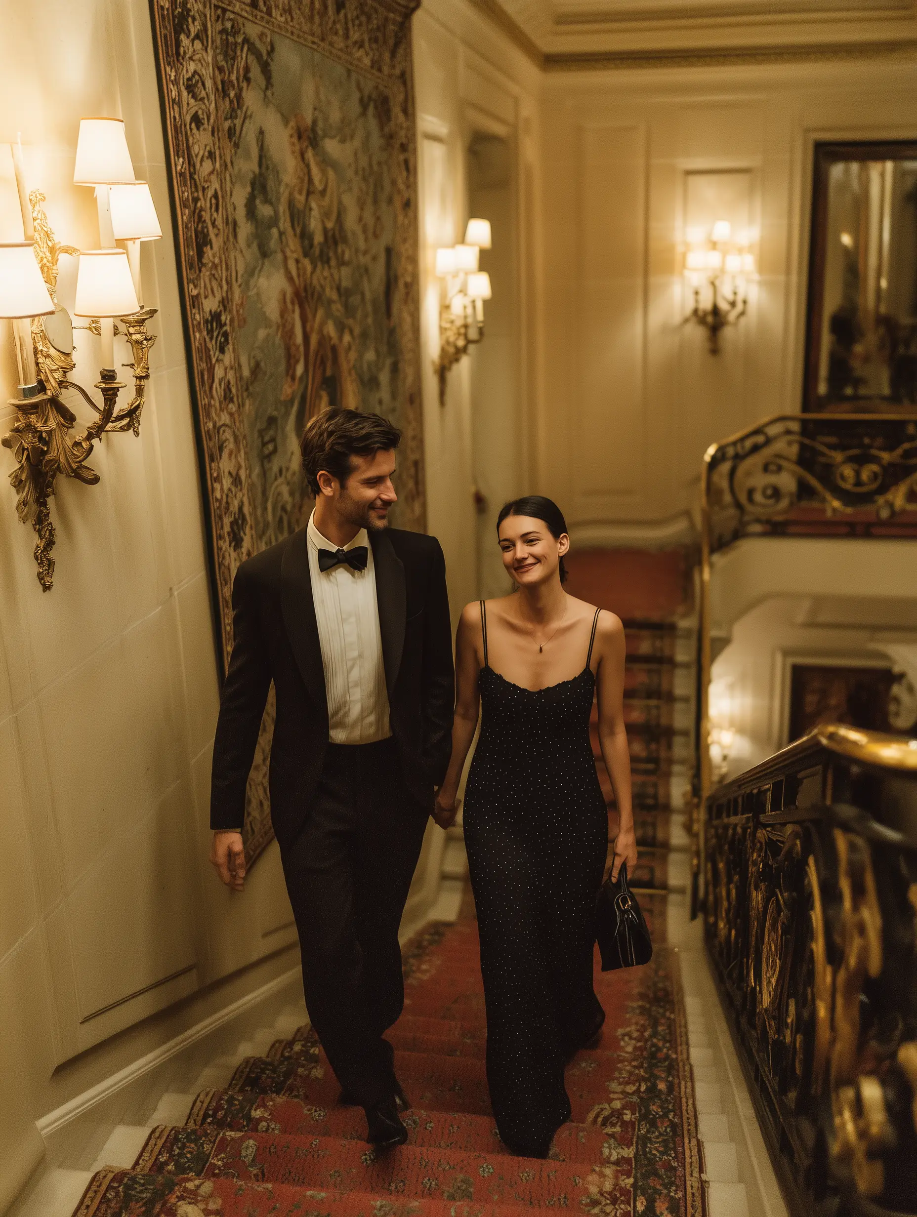 Sevgililer Günü otel buluşması stili: Siyah gece elbisesi ve smokin ile zarif ve romantik akşam görünümü.