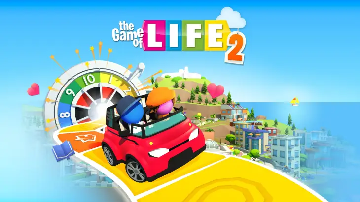 The Game of Life 2 mobil aile oyunu, kırmızı arabayla hayat yolculuğuna çıkan oyuncuların renkli dijital kutu oyunu görseli