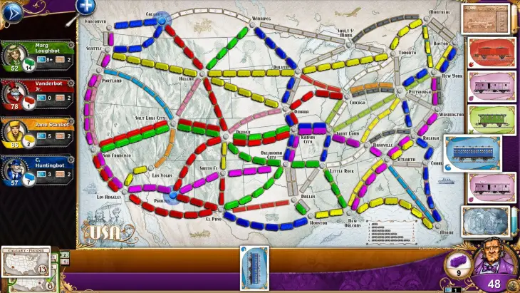Ticket to Ride dijital tren strateji oyunu, Amerika haritası üzerinde renkli demiryolu rotalarıyla oynanan kutu oyunu ekran görüntüsü