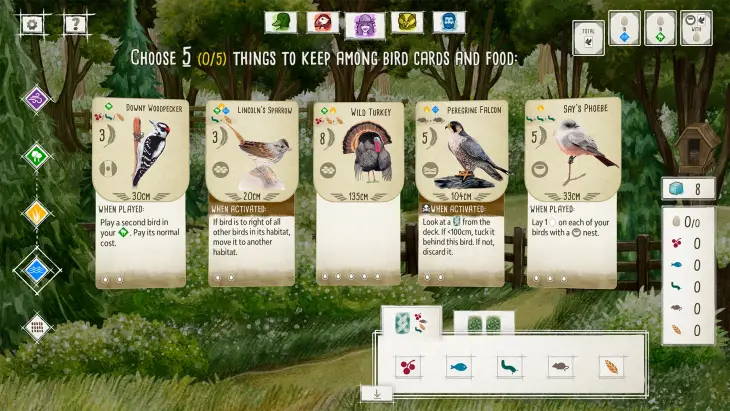 Wingspan dijital kart oyunu, farklı kuş türleri ve özellikleriyle habitat kurmaya dayalı strateji oyunu ekran görüntüsü