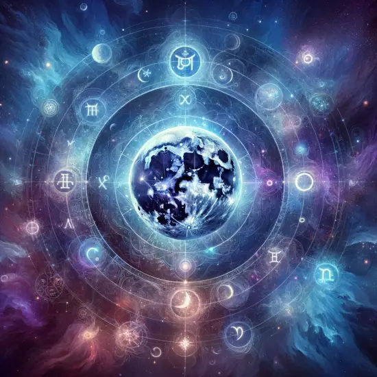 Galaksi fonunda Ay ve astrolojik çember – Ay burcunun haritadaki konumunu temsil eden illüstrasyon.