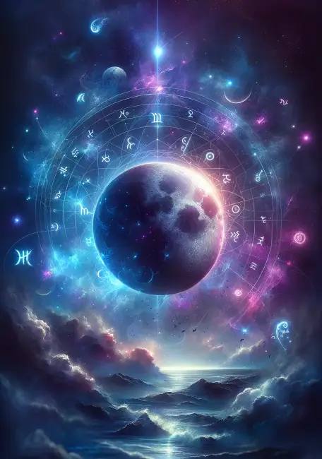 Burç simgeleriyle çevrelenmiş Dünya ve Ay – Ay burcunun astrolojik haritadaki yeri.
