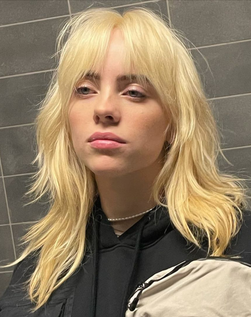 Billie Eilish, sarı ve belirgin katmanlara sahip hacimli Wolf Cut saç kesimiyle kameraya bakarken, yüzünü yumuşakça çevreleyen perçemleriyle bu popüler saç modelinin en güzel örneklerinden birini sunuyor.