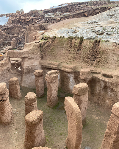 Karahantepe arkeolojik kazı alanından geniş bir görünüm; toprağın altından çıkan, sıralı ve çok sayıda kızıl kahverengi taş dikilitaşlar ile kazı çalışmalarının devam ettiği arka plan detayları Karahantepe'nin tarihteki yeni gizemli noktasını gözler önüne seriyor.