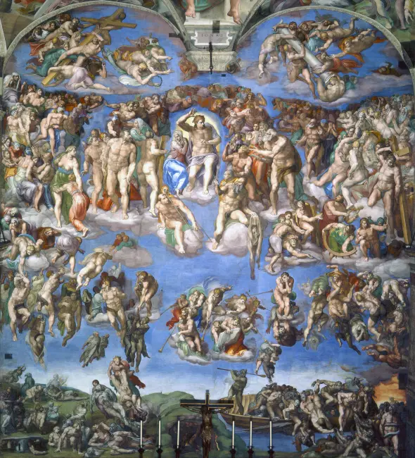 Michelangelo Buonarroti'nin en ünlü eserleri arasında yer alan Sistine Şapeli'ndeki Son Yargı freski, merkezinde İsa'nın yer aldığı, kutsanmışların yükselişi ve lanetlilerin düşüşünü betimleyen yüzlerce figürle dolu karmaşık ve dramatik bir sahne sunuyor.