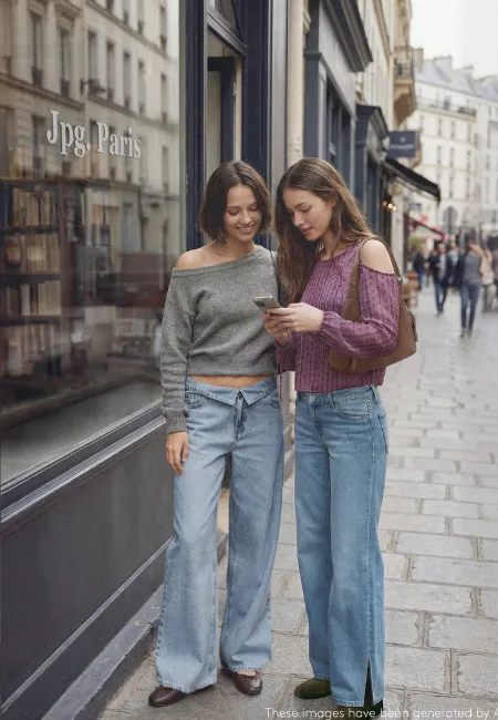 Kaldırımda yan yana yürüyen iki kadın; biri gri omuz dekolteli kazak ve açık mavi wide leg jean, diğeri mor triko ve yırtmaçlı mavi jean pantolonla şehir sokaklarında casual bir stil sergiliyor.