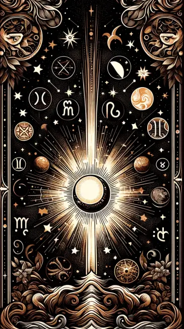 Karanlık gökyüzünde ışık saçan bir güneşin etrafını yıldızlar, gezegenler ve astrolojik burç sembolleri sararken, bu sanatsal ve karmaşık illüstrasyon yükselen burçların nasıl hesaplandığını anlatan evrensel astroloji elementlerini ve etkileşimlerini sergiliyor.