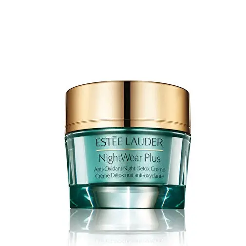 Estée Lauder markasının altın renkli kapaklı ve turkuaz cam kavanozunda sunulan NightWear Plus Anti-Oxidant Night Detox gece kremi, cilt detoksu için antioksidan koruma sağlayarak canlı bir görünüm vaat ediyor.