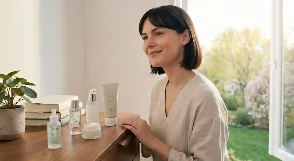 Pencere kenarında doğal gün ışığında oturan kadın, ahşap şifonyer üzerinde serum, krem ve SPF içeren cilt bakım ürünleriyle sade ve aydınlık bir sabah rutini anı.