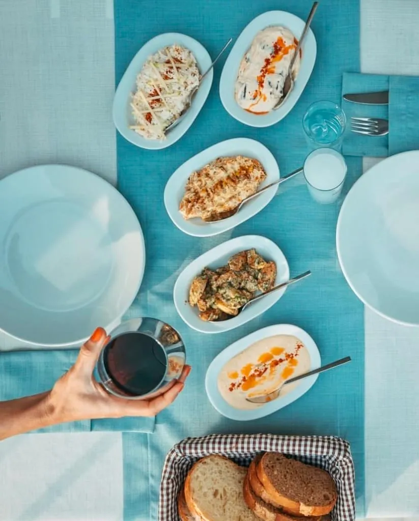 Mavi ve beyaz çizgili masa örtüsü serili bir restoranda, masanın üzerinde humus, tavuk salatası, kremalı ve sebzeli mezeler gibi birçok geleneksel Türk mezesi ile dolu oval tabaklar, boş yemek tabakları, ekmek sepeti ve içecekler bulunurken, turuncu ojeli bir el parlak bir kadeh şarap tutuyor ve keyifli bir yemek ortamını betimliyor.