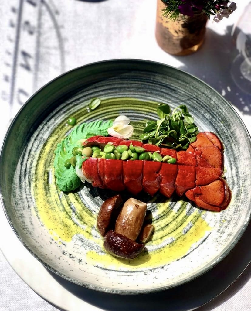 Parlak kırmızı renkteki ıstakoz kuyruğu, taze yeşil püre, edamame benzeri bezelyeler ve mantarlarla birlikte modern bir tabakta zarifçe sunulurken, İstanbul'un en iyi Uzak Doğu mutfağı restoranlarındaki rafine deniz mahsulleri deneyimini gözler önüne seriyor.