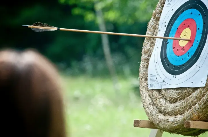 Odak dışındaki bir kişinin başının ön planında, okçuluk sporunda atış becerisini vurgulayan bu karede, yeşil ve bulanık bir arka planın ortasında duran hedef tahtasının tam merkezindeki sarı alana saplanmış, uçuş tüyleri olan ahşap bir ok açıkça görünüyor.